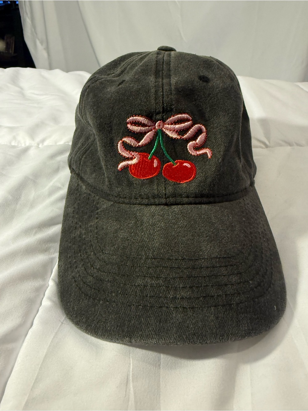 Cherry Embroidered Baseball Cap - Black